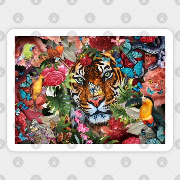 Tiger Tropical Flowers version 3 Sticker by Phatpuppy Art